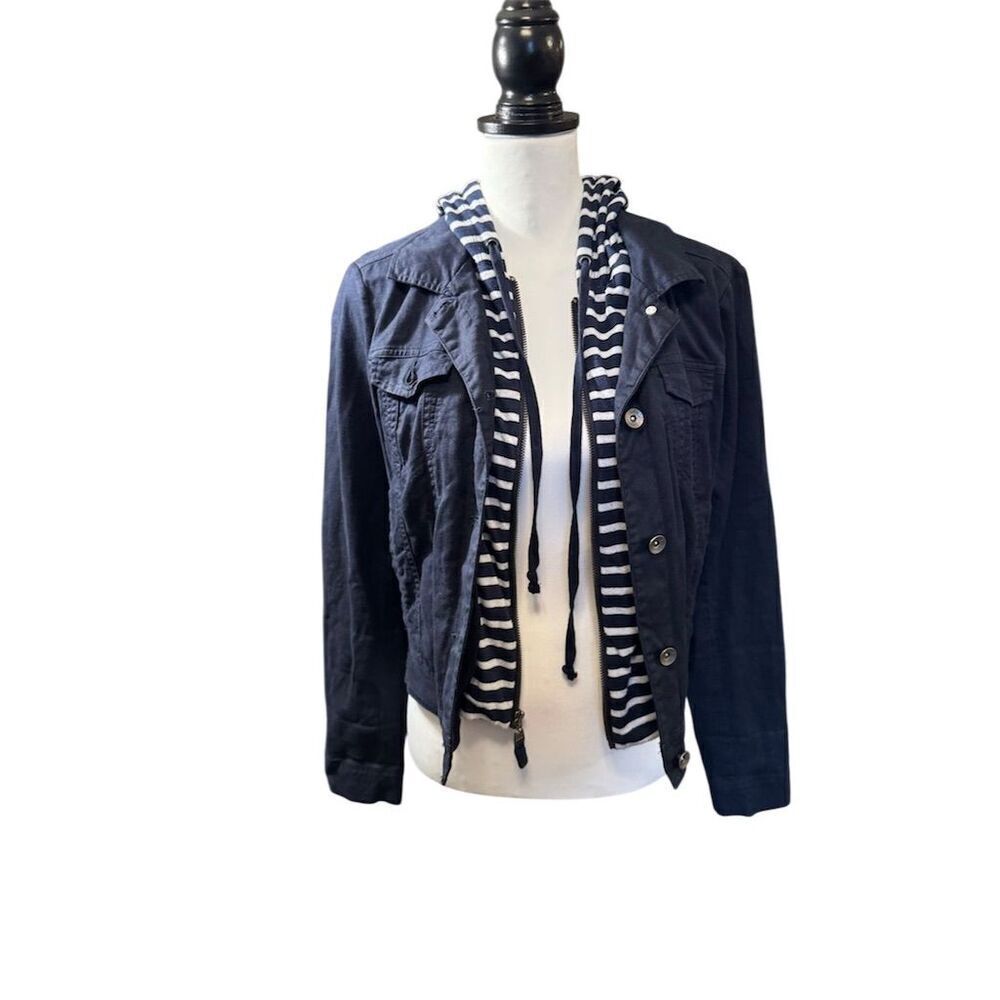 Splendid Women's Blue Denim Jacket Striped Hood. Size Small. - Picture 3 of 16